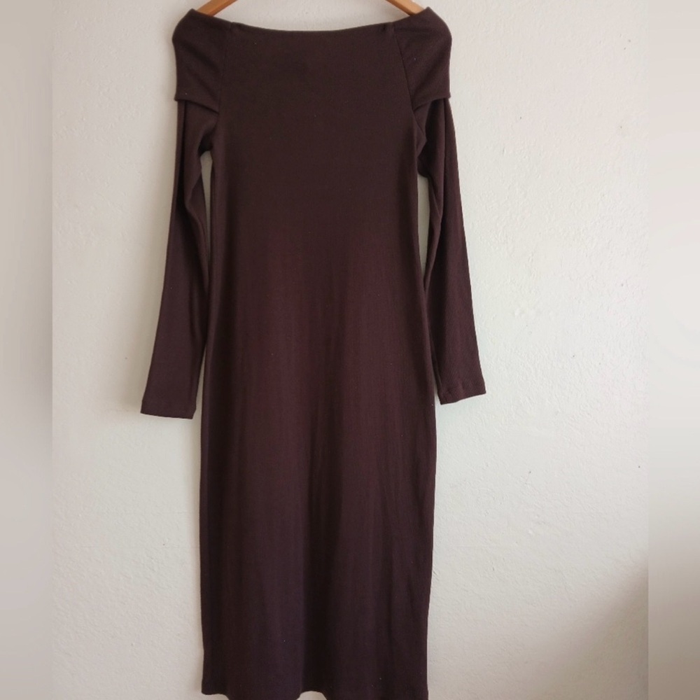 NWT Chocolate Brown Off Shoulder Ribbed Midi Dress Long Sleeve Bodycon Medium - Picture 5 of 13